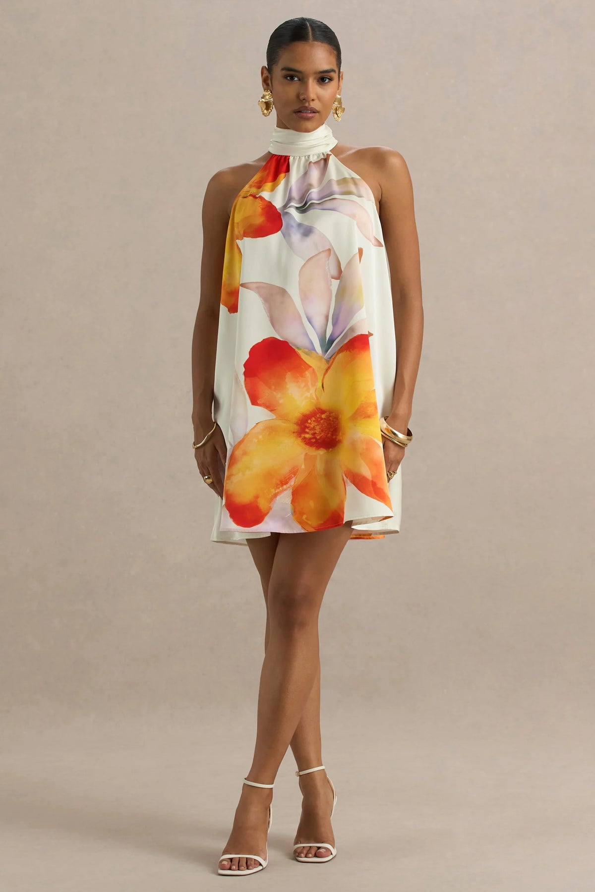 Evita Orange Floral High Neck Satin Mini Dress