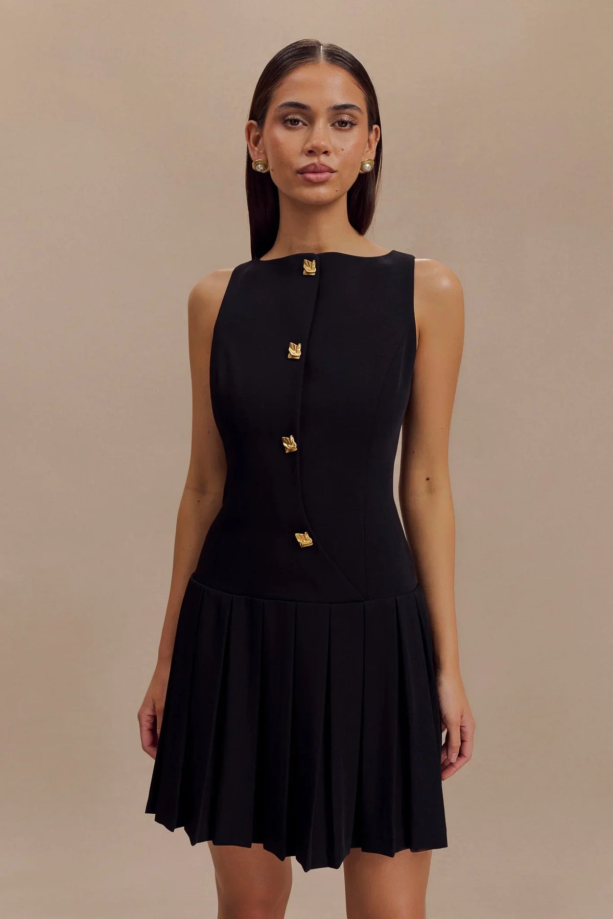 Mackenzie Sleeveless Pleated Mini Dress Black