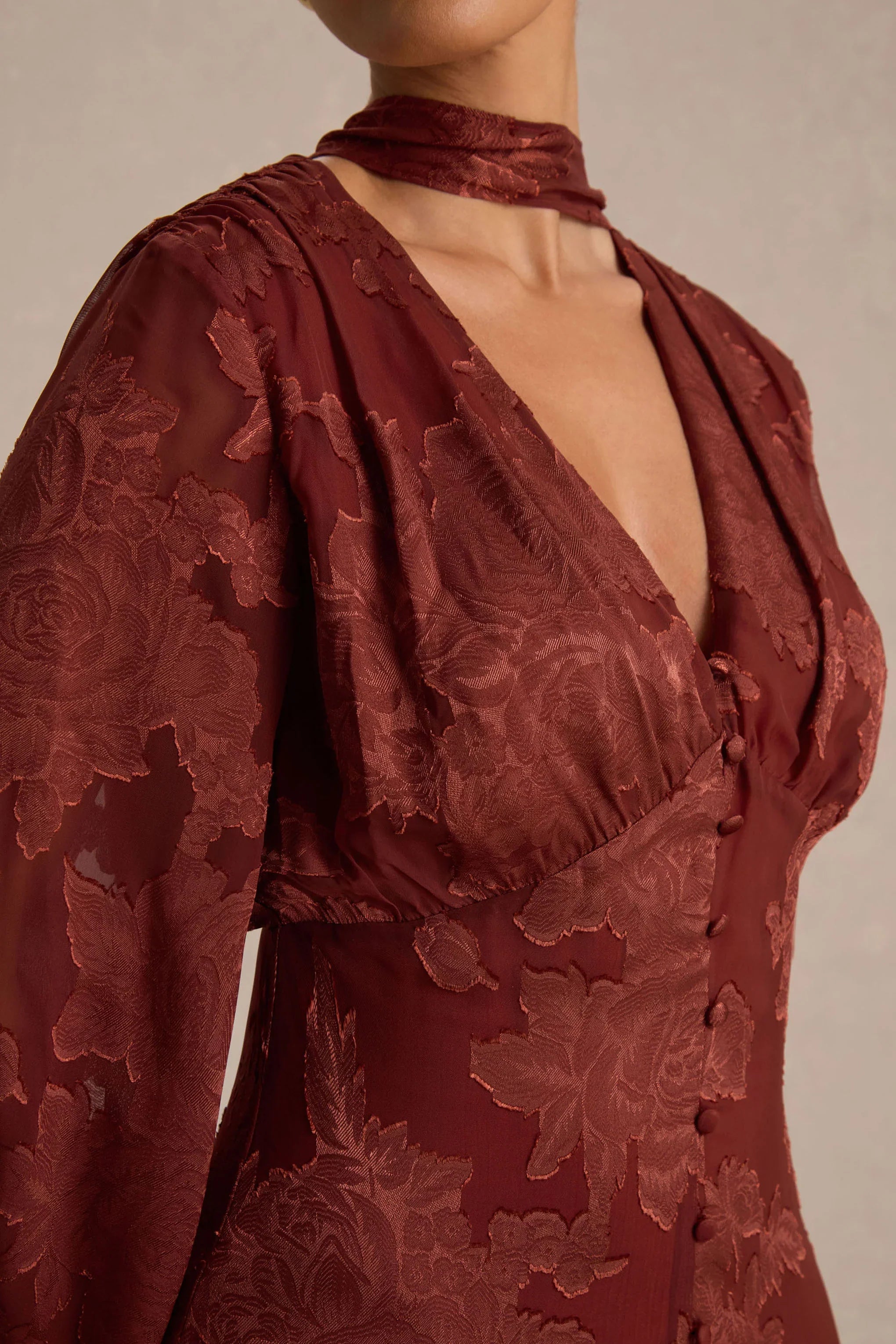 Sabina Rust Devore Plunge Neck Midi Dress