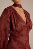 Sabina Rust Devore Plunge Neck Midi Dress