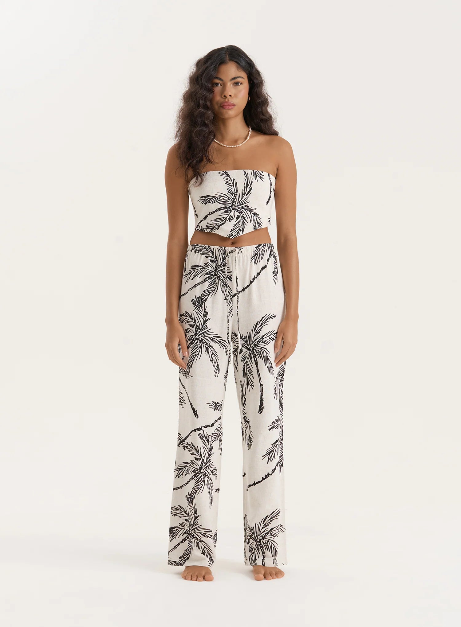Printed Linen Blend Bandeau Top