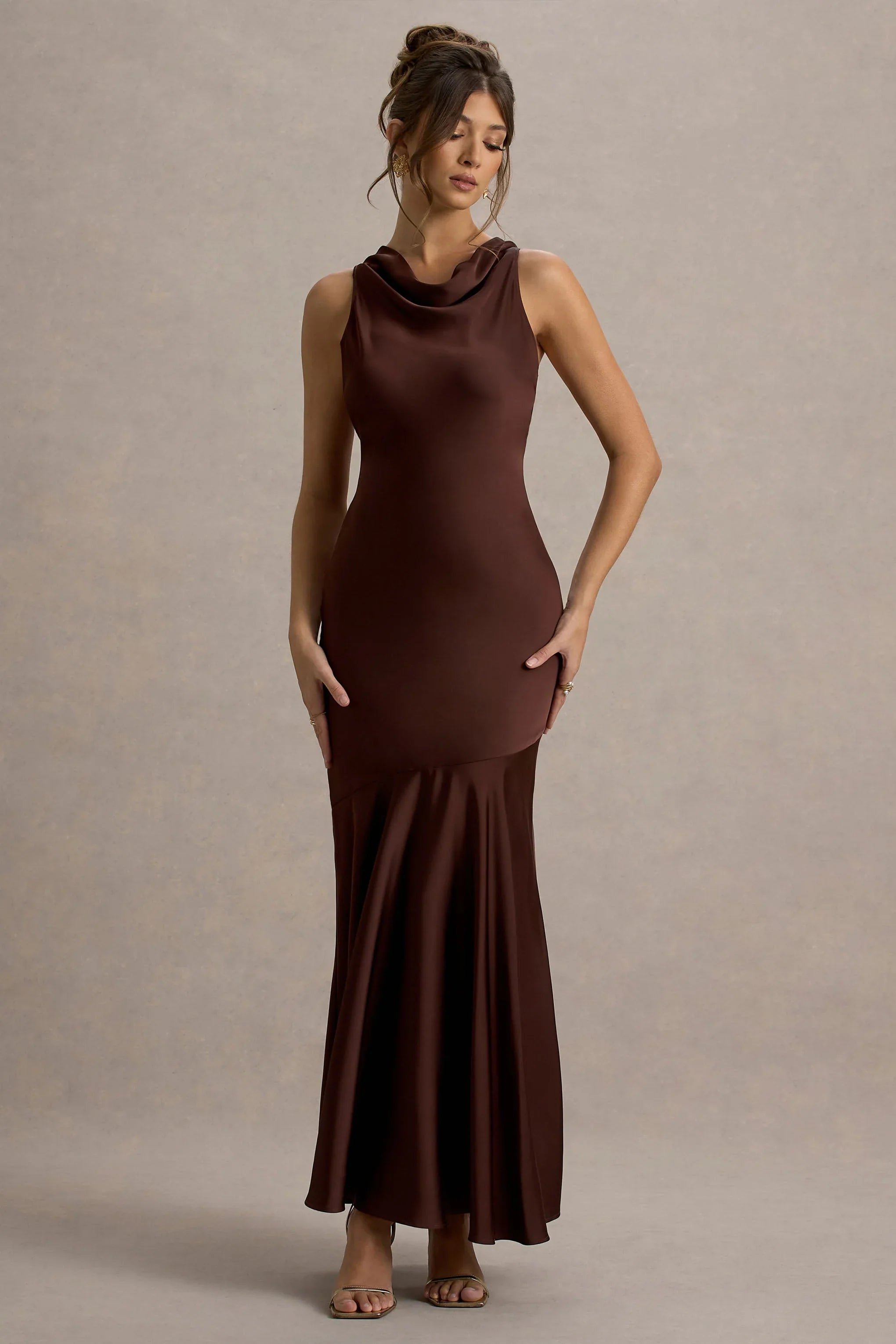 Amelita Brown Satin Cowl Neck Maxi Dress