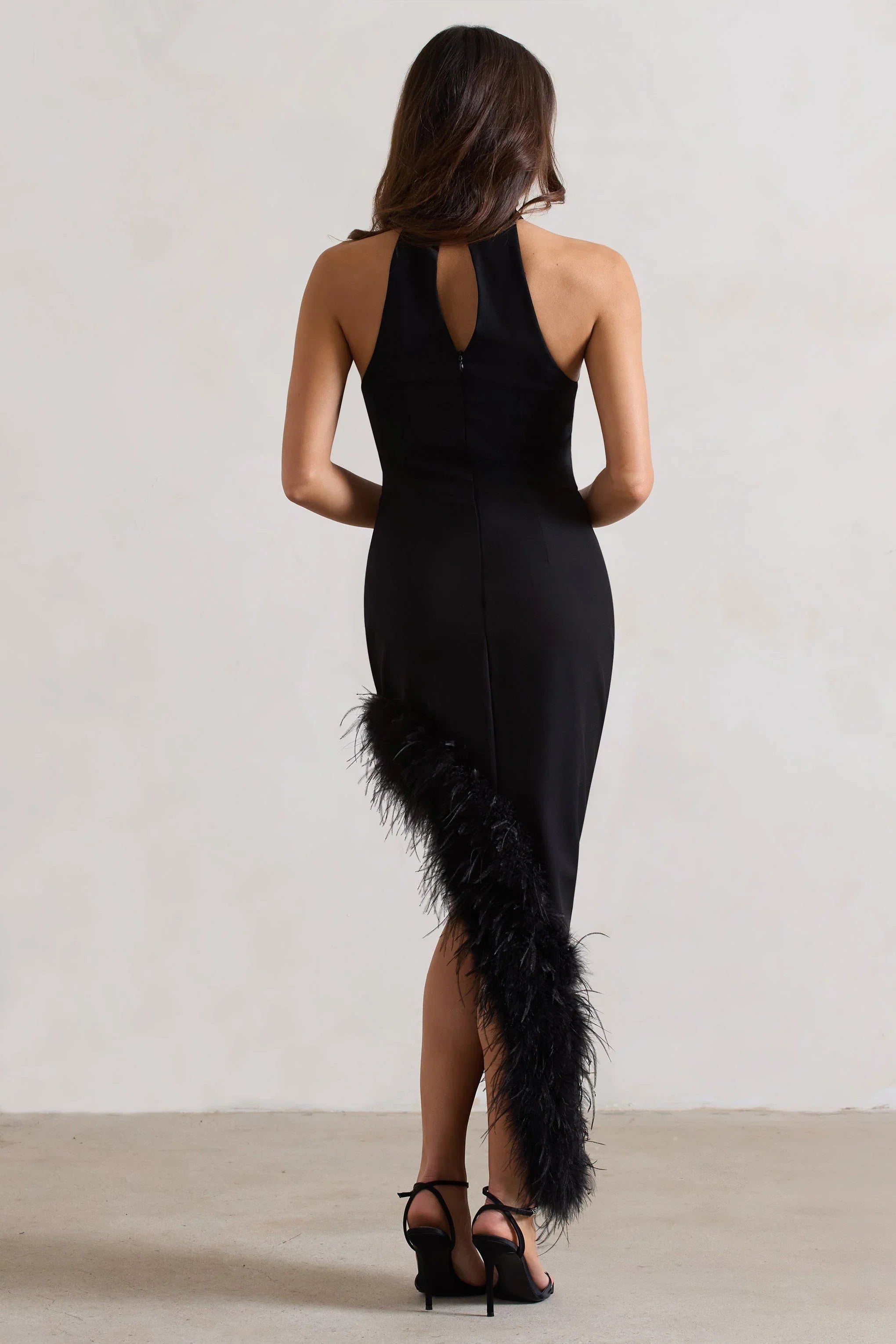 Brilliance Black Asymmetric Maxi Dress With Feather Trim
