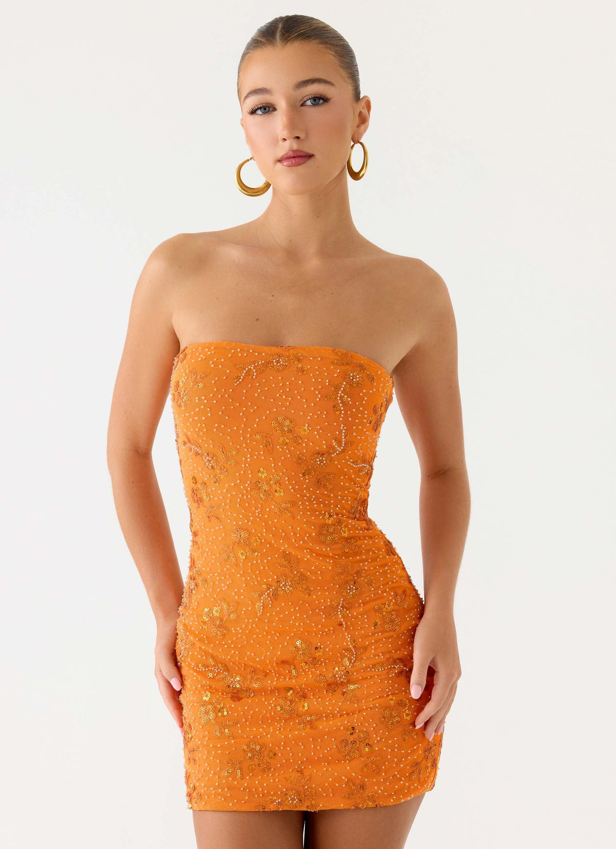 Push Back Beaded Sequin Mini Dress Orange