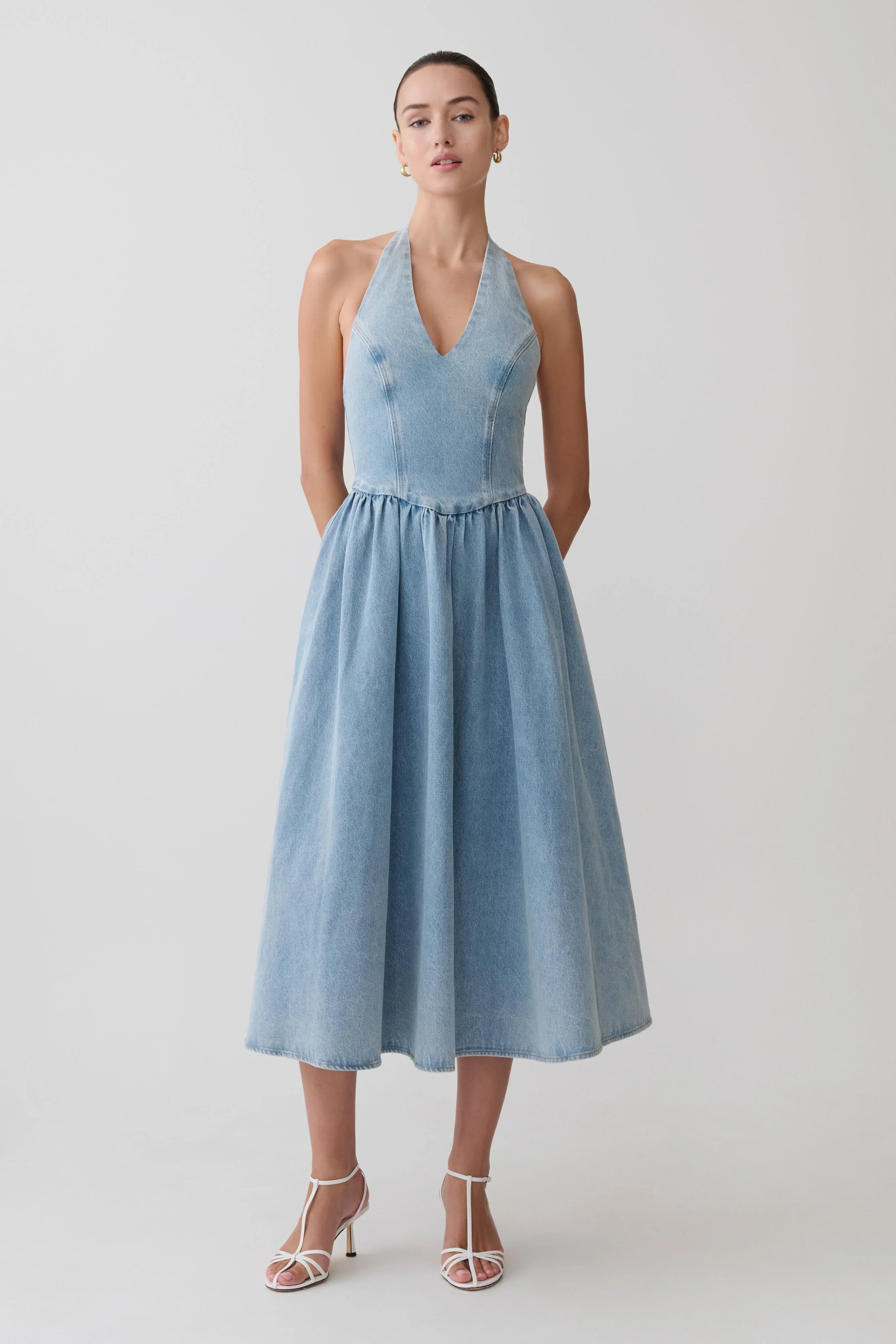 Miller Denim Halter Midi Dress Classic Blue