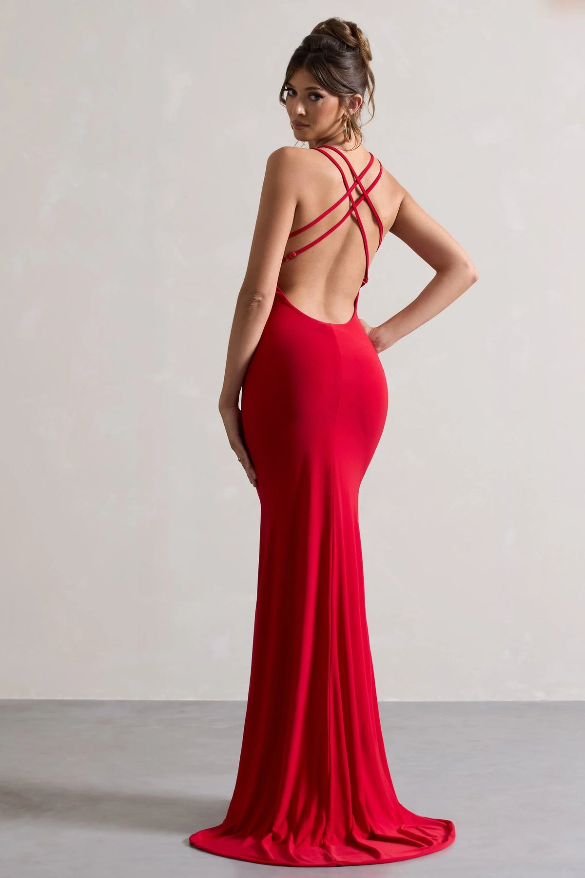Lucky Day Red Cross Over Back Fishtail Maxi Dress