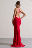 Lucky Day Red Cross Over Back Fishtail Maxi Dress