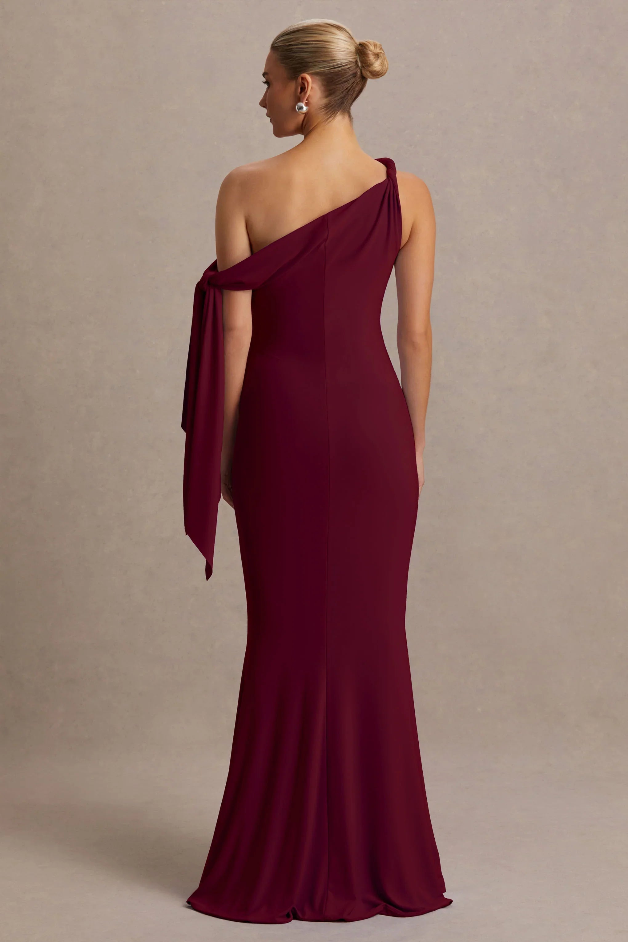 Orielle Burgundy Asymmetric Neck Maternity Maxi Dress With Knot Sleeve And Sash