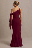 Orielle Burgundy Asymmetric Neck Maternity Maxi Dress With Knot Sleeve And Sash