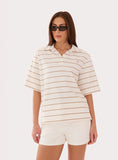 Cream And Beige Stripe Shoulder Pad Polo Top
