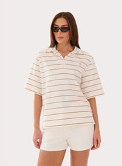 Cream And Beige Stripe Shoulder Pad Polo Top