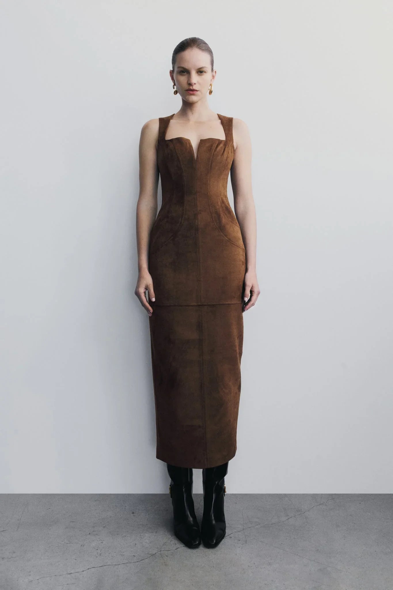 Liam Faux Suede Maxi Dress Dark Chocolate
