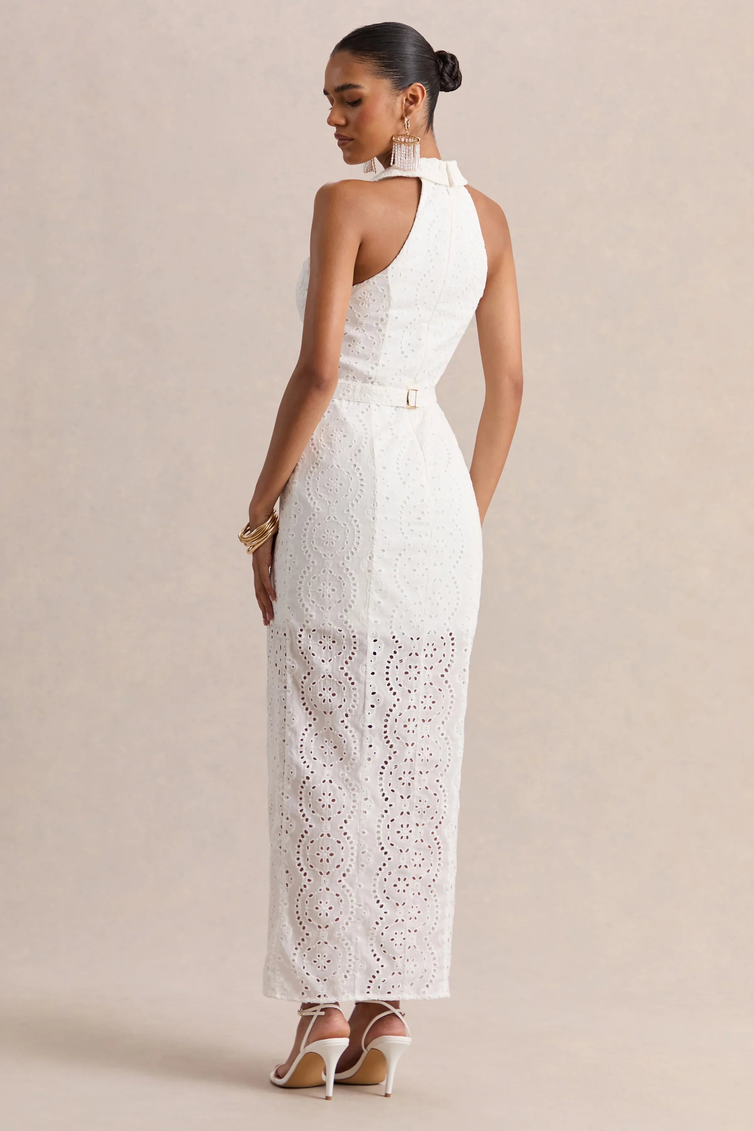 Tover White Broderie Plunge Neck Maxi Dress