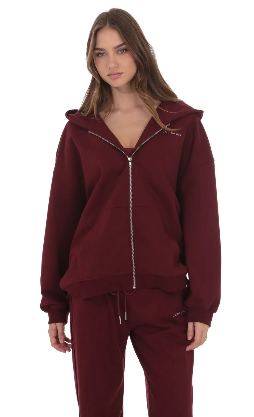 Oversize Zip Up Hoodie in Burgundy