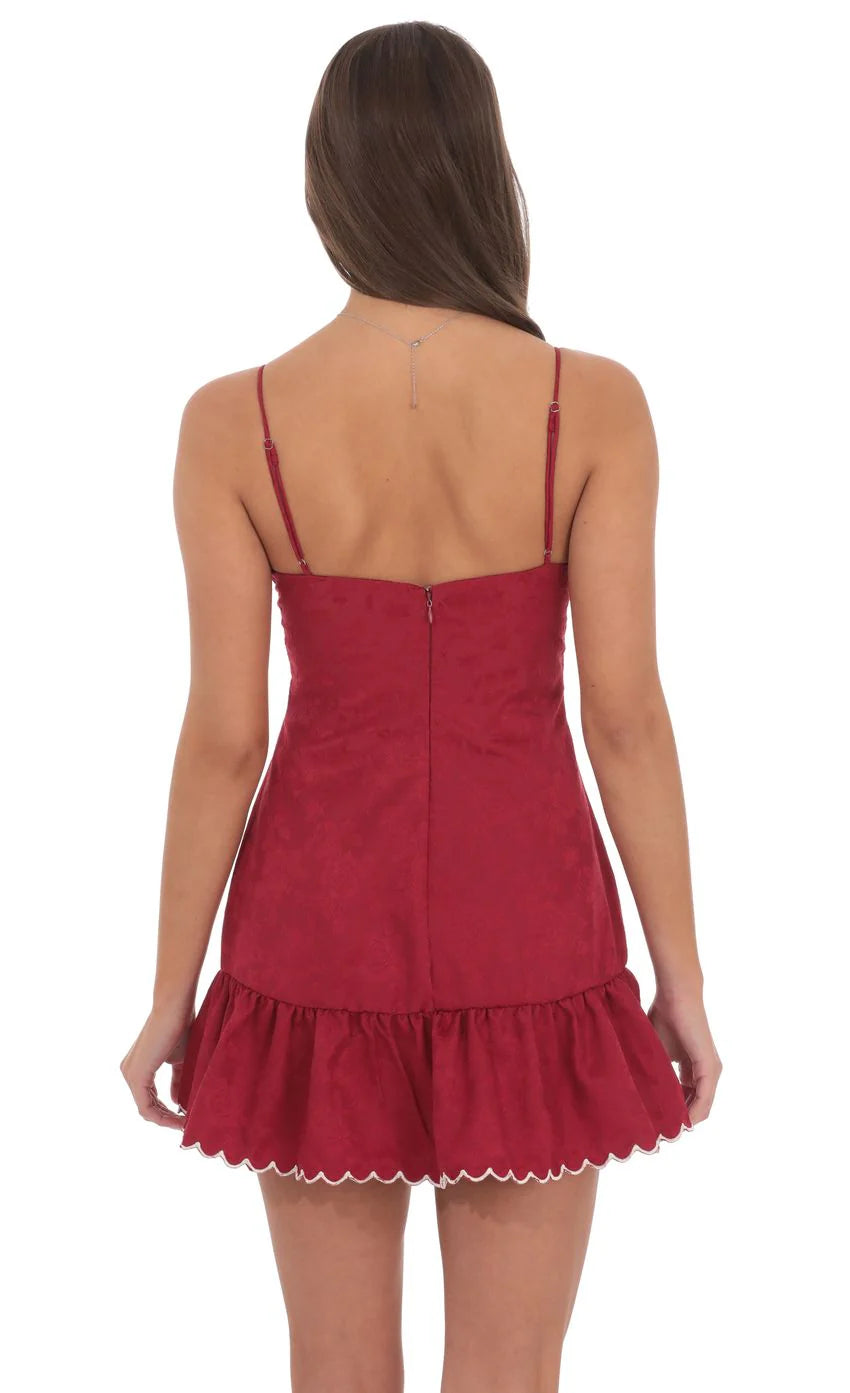 Jacquard Scallop Ruffle Dress in Red
