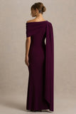 Tiana Dark Plum Asymmetric Neck Maxi Dress With Draped Detail