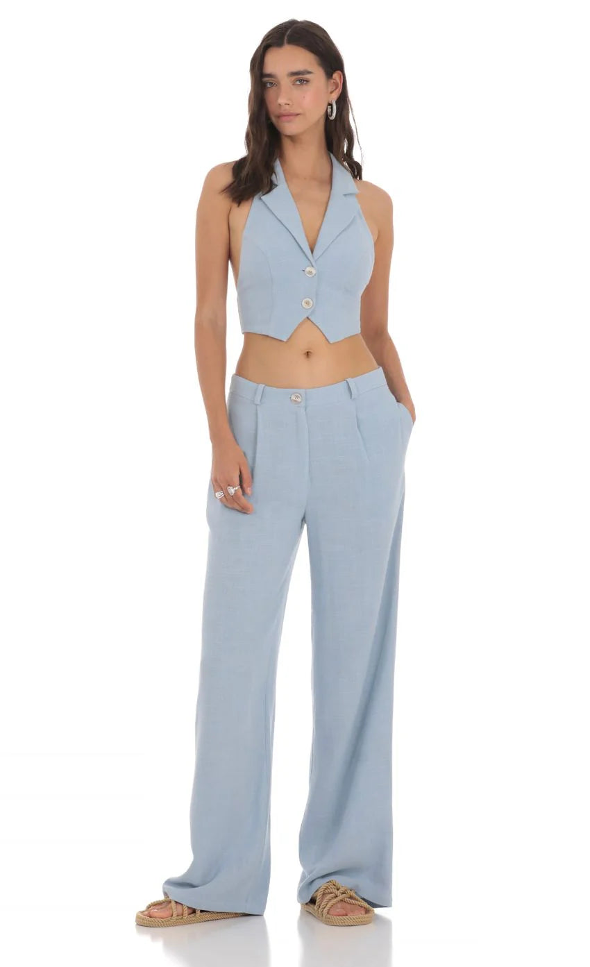 Linen Collared Vest Top in Blue