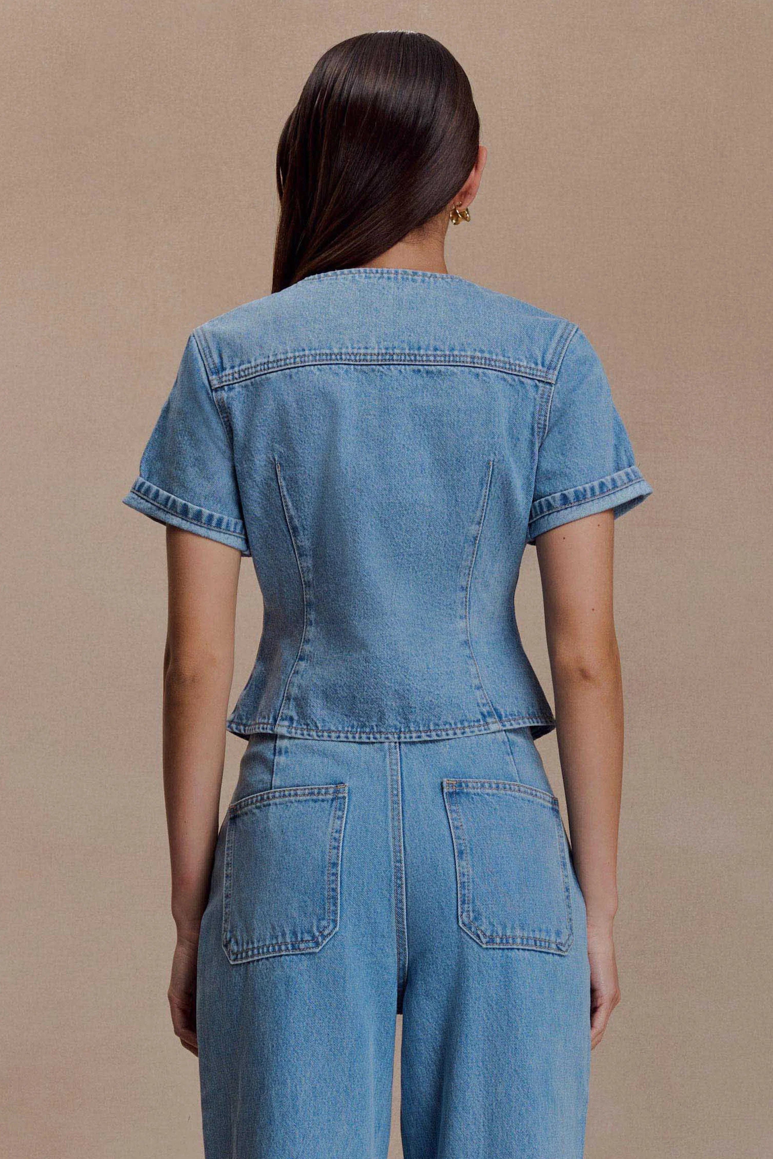 Marge Fitted Denim Short Sleeve Top Classic Blue