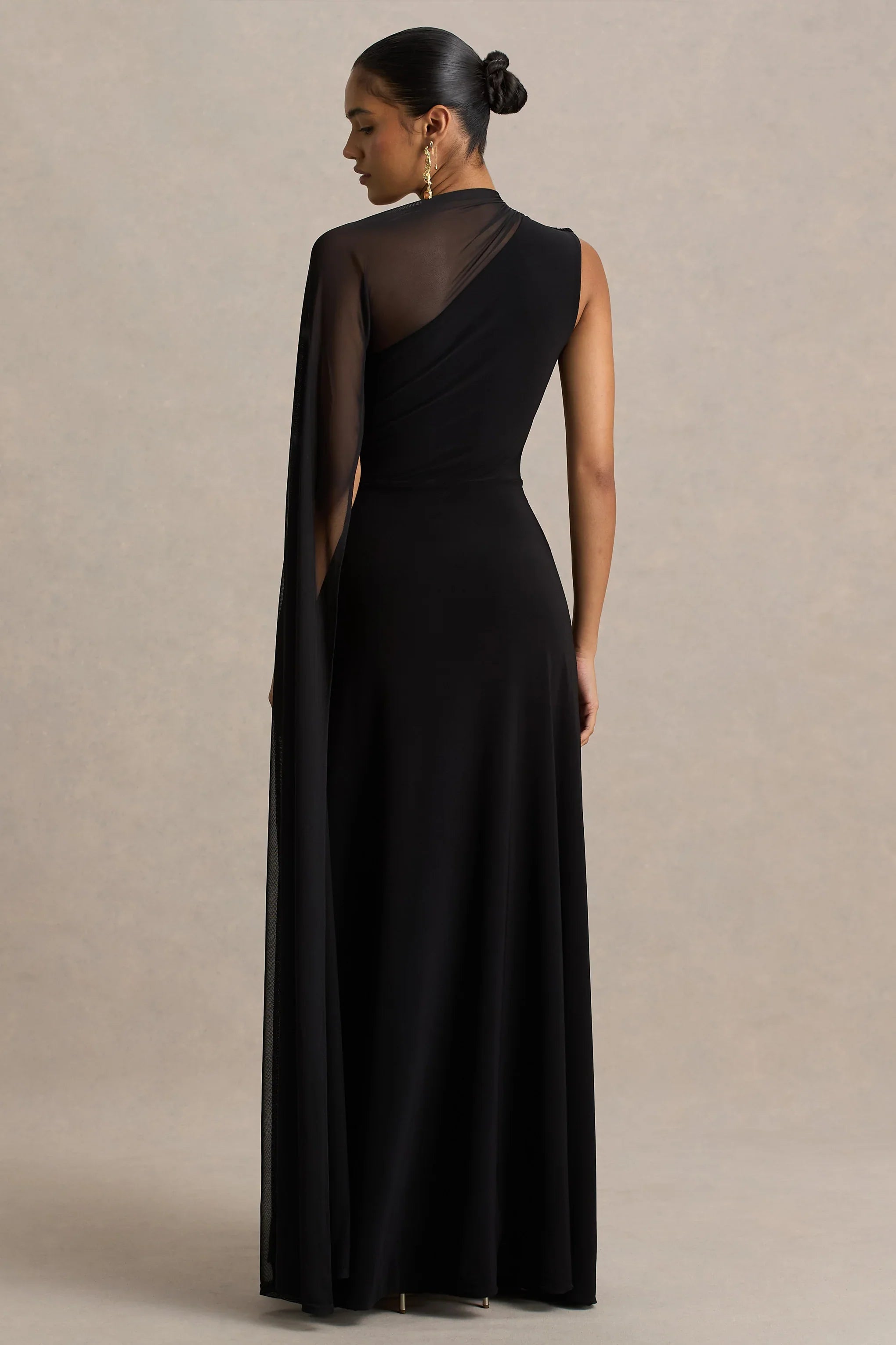 Selena Black High Neck Maxi Dress With Cut Out And Cape Sleeve Detail