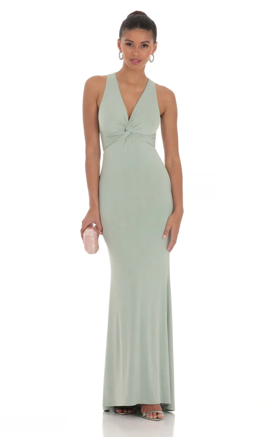 Front Twist V Neck Maxi Dress in Sage