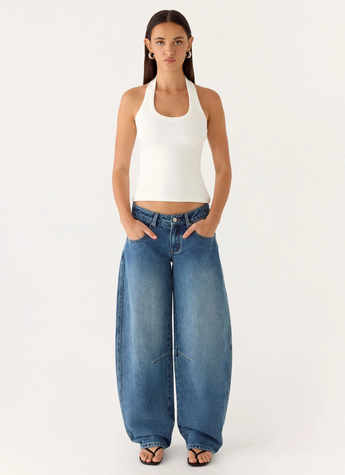 Stevie Low Rise Barrel Leg Denim Jeans Mid Wash Blue