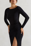 Makayla Black Long Sleeve Wrap Maxi Dress With Corsages