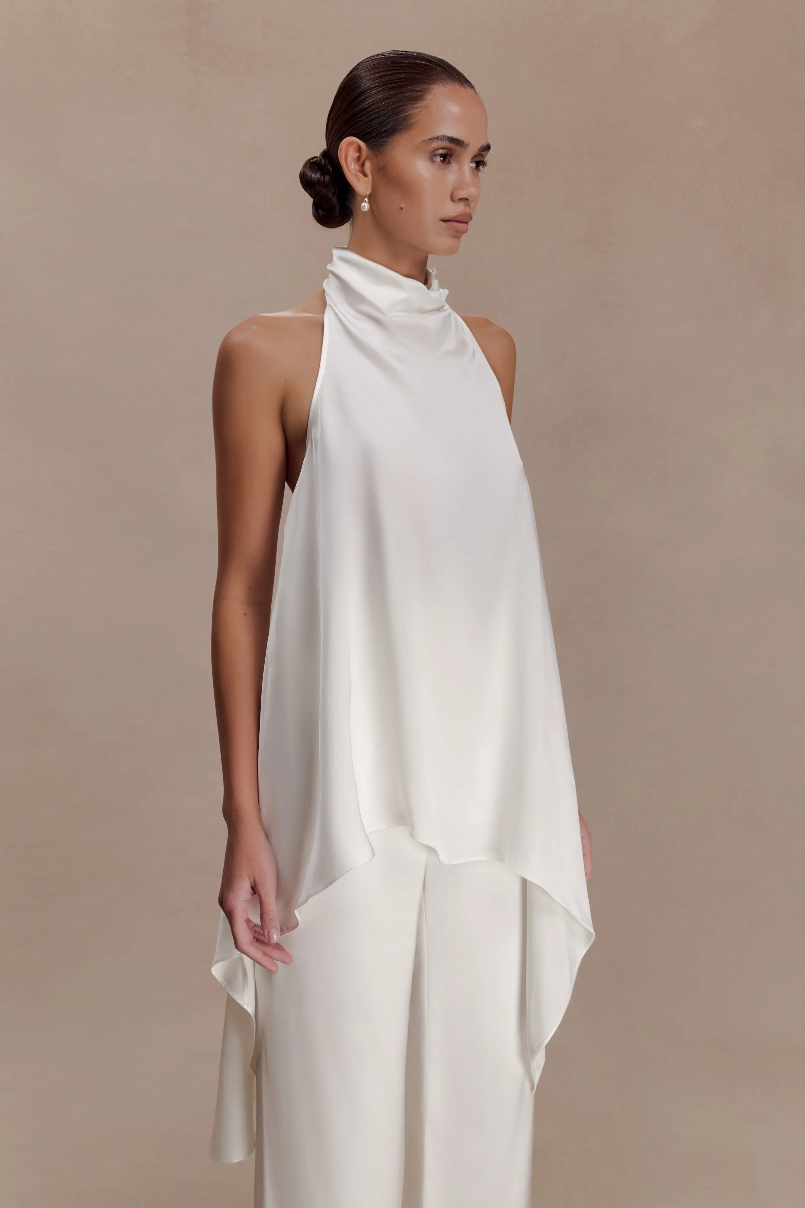 Sydney Asymmetrical Satin Halter Top Ivory