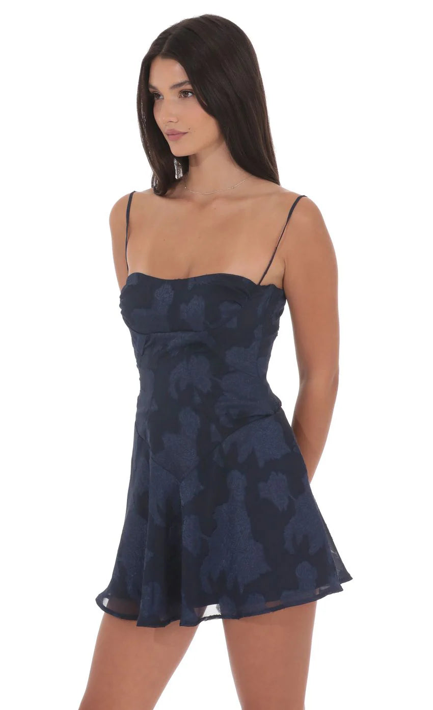Textured Floral A line Dress in Navy