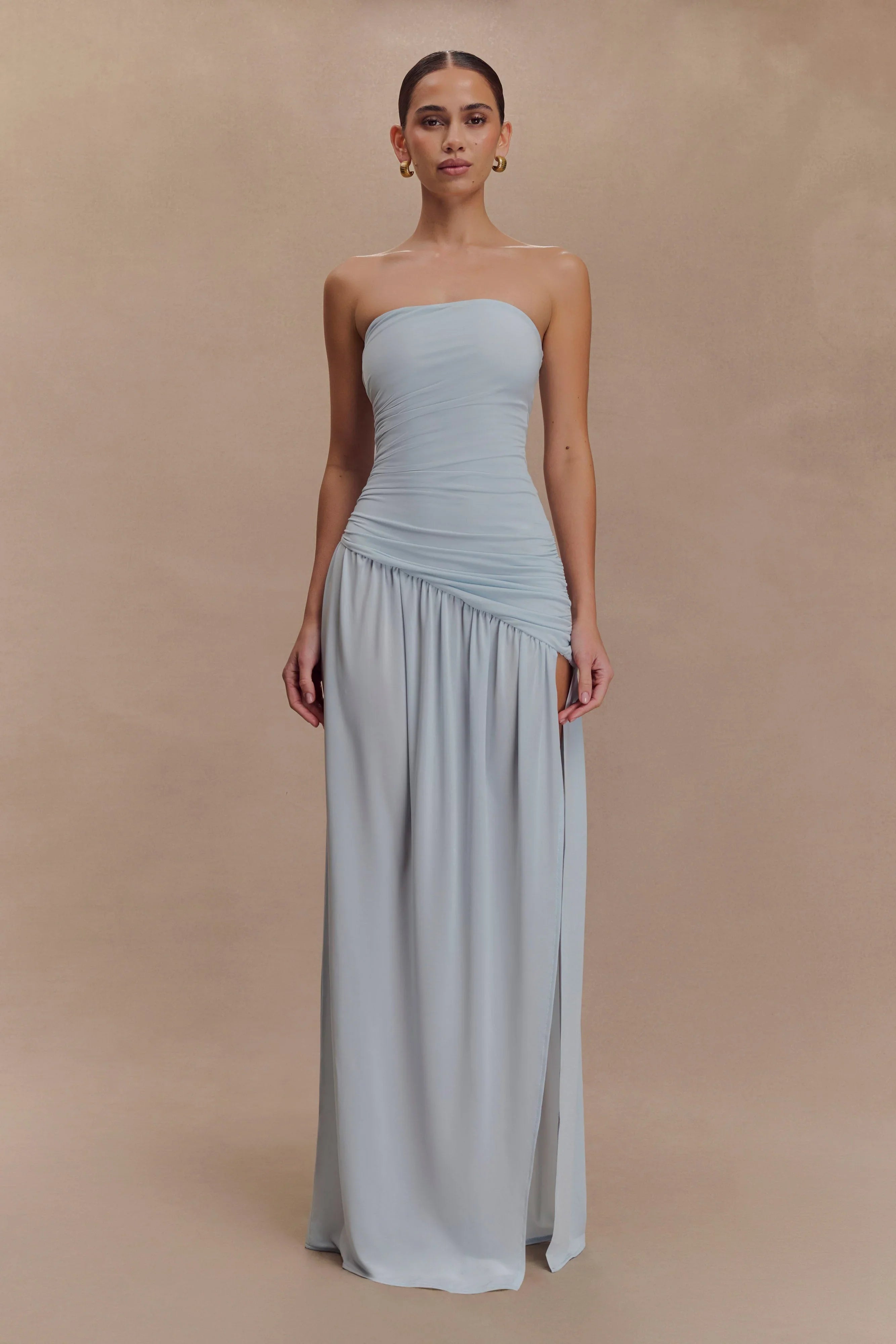 Bex Strapless Slinky Maxi Dress With Split Pale Blue