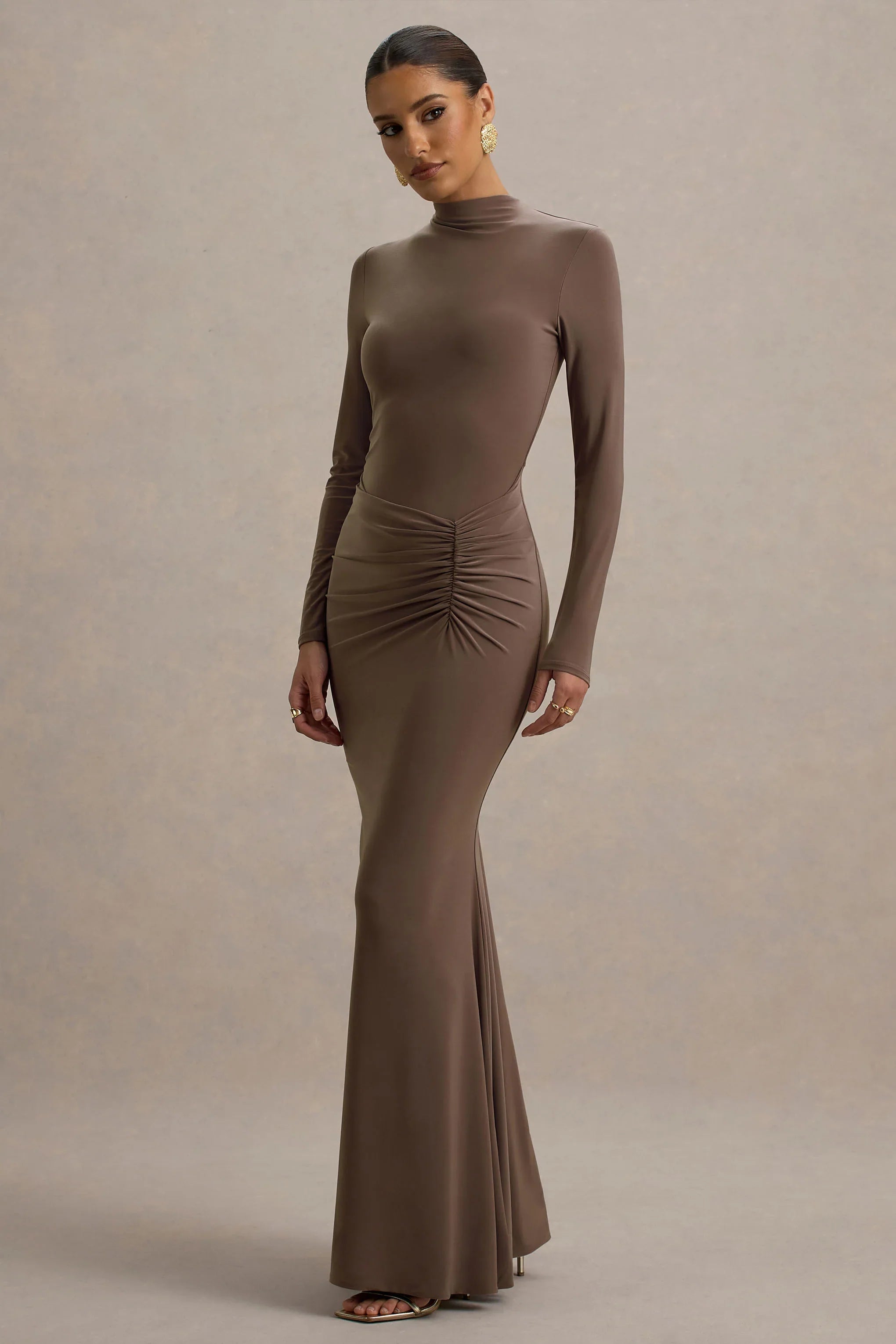 Reid Brown Long Sleeve Gathered Maxi Dress