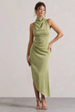 Sophina Light Olive Satin Cowl Neck Asymmetric Midi Dress