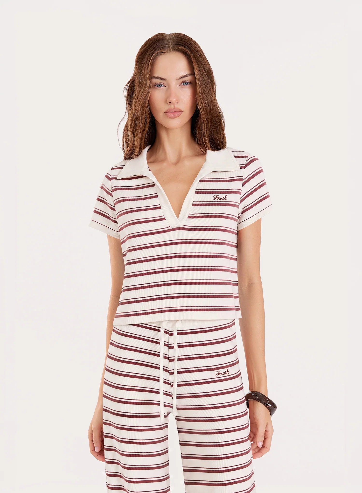 White And Brown Stripe Ribbed Short Sleeve Jersey Polo Top