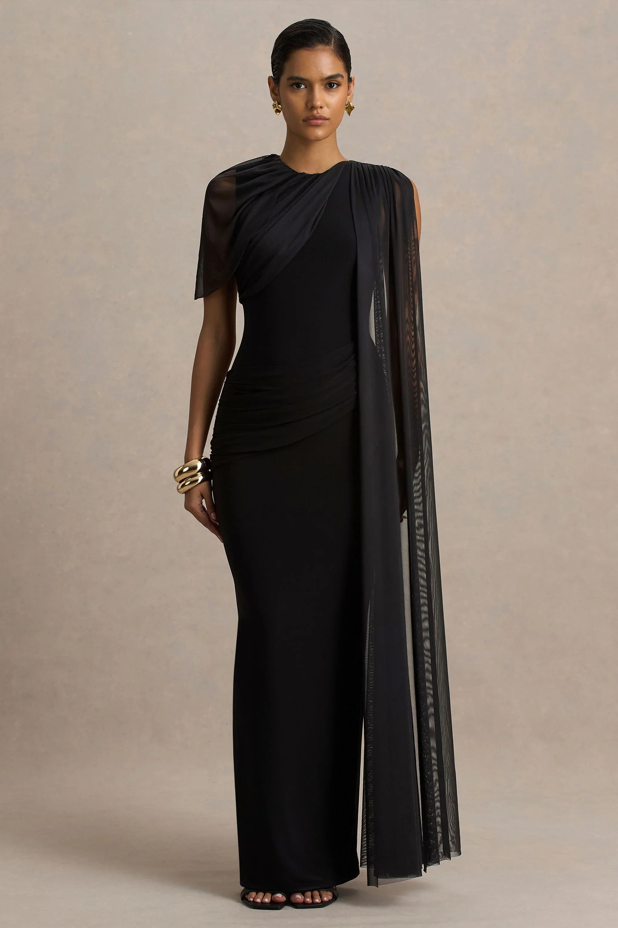 Brenda Black Crew Neck Maxi Dress With Mesh Cape And Sash