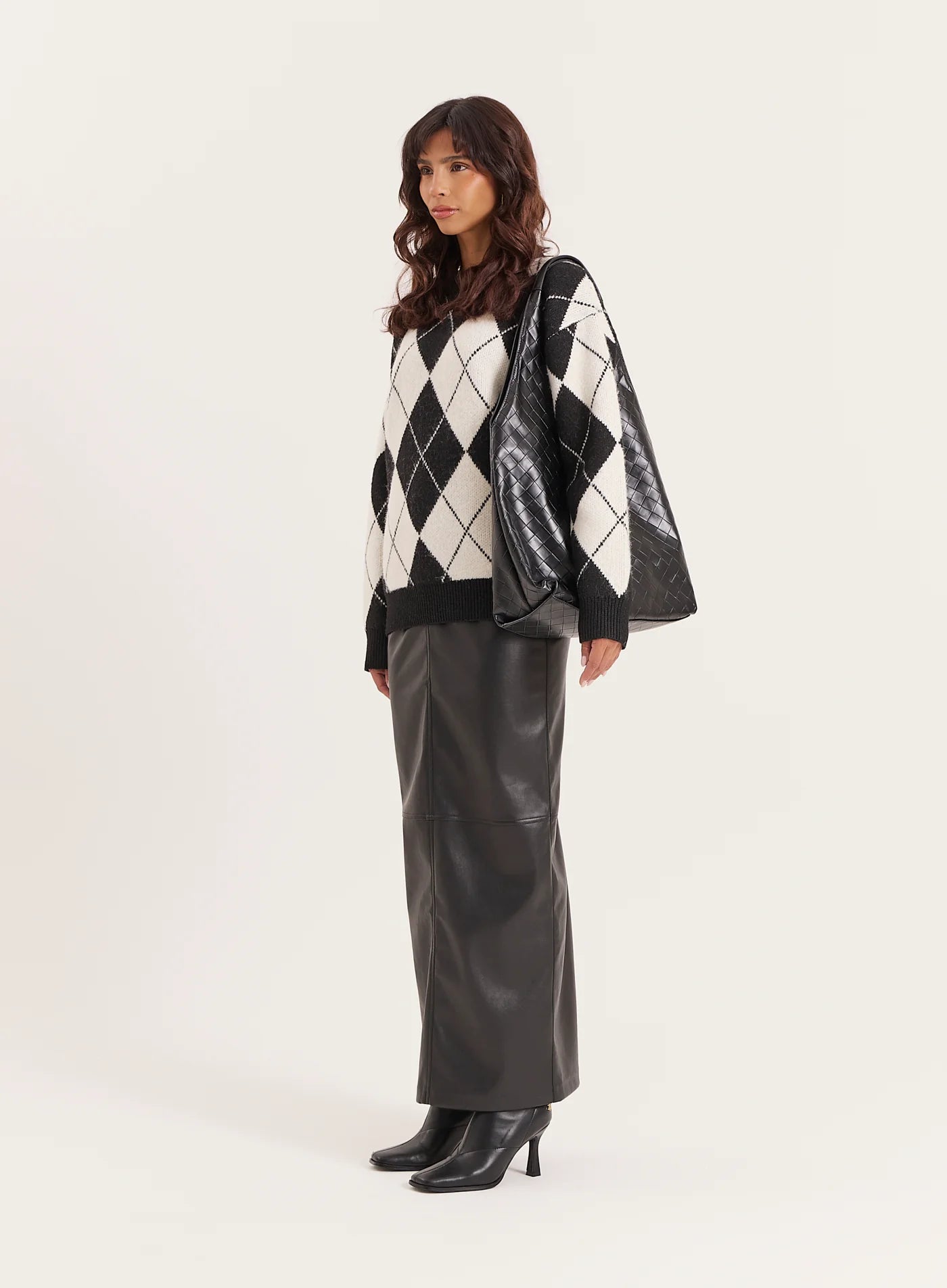 Black And Cream Knitted Argyle Crew Neck Jumper