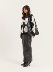 Black And Cream Knitted Argyle Crew Neck Jumper