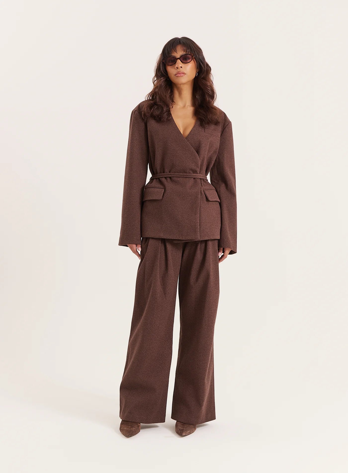 Chocolate Herringbone Tie Belt Wide Leg Trousers