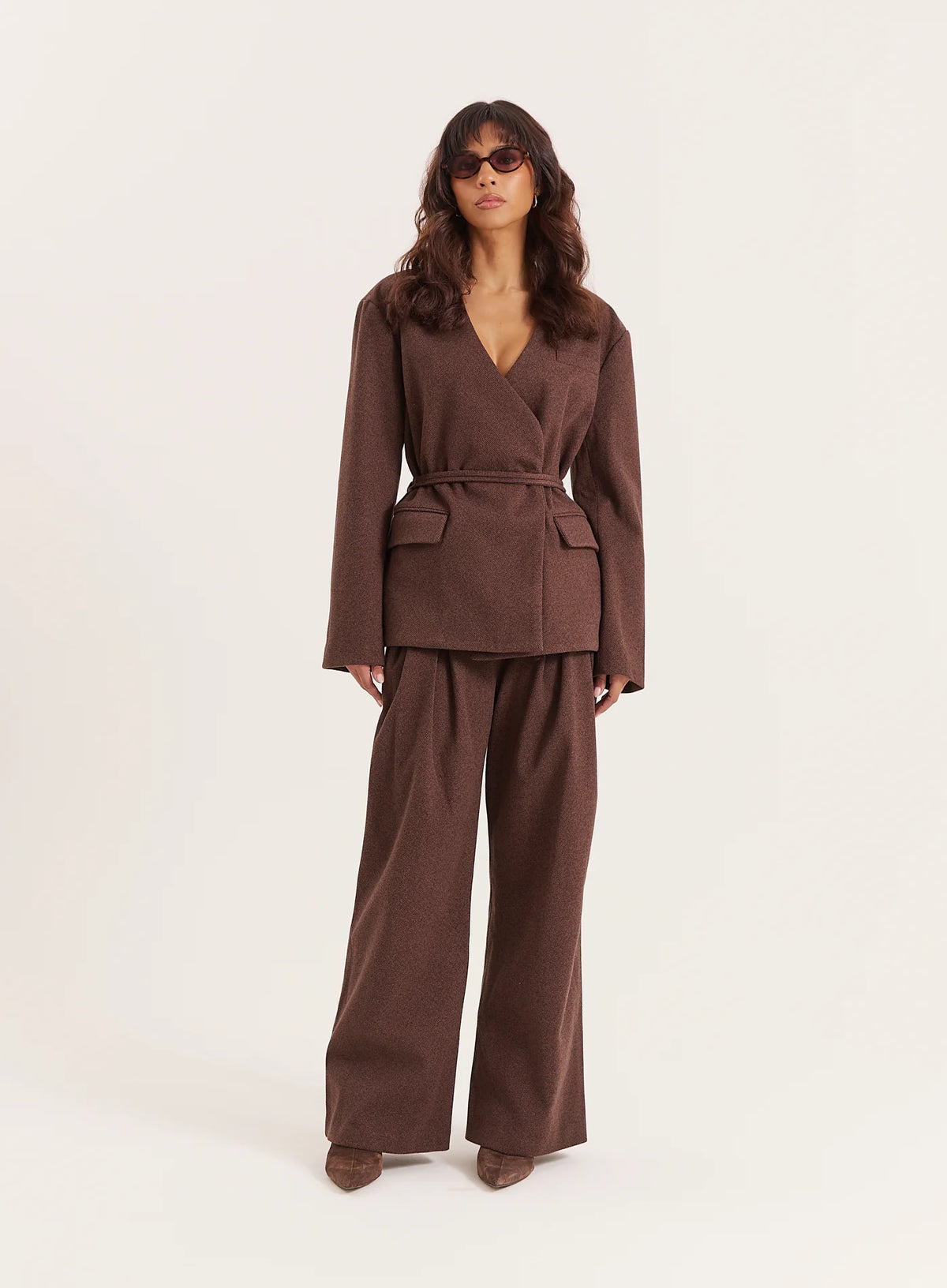 Chocolate Herringbone Tie Belt Wide Leg Trousers