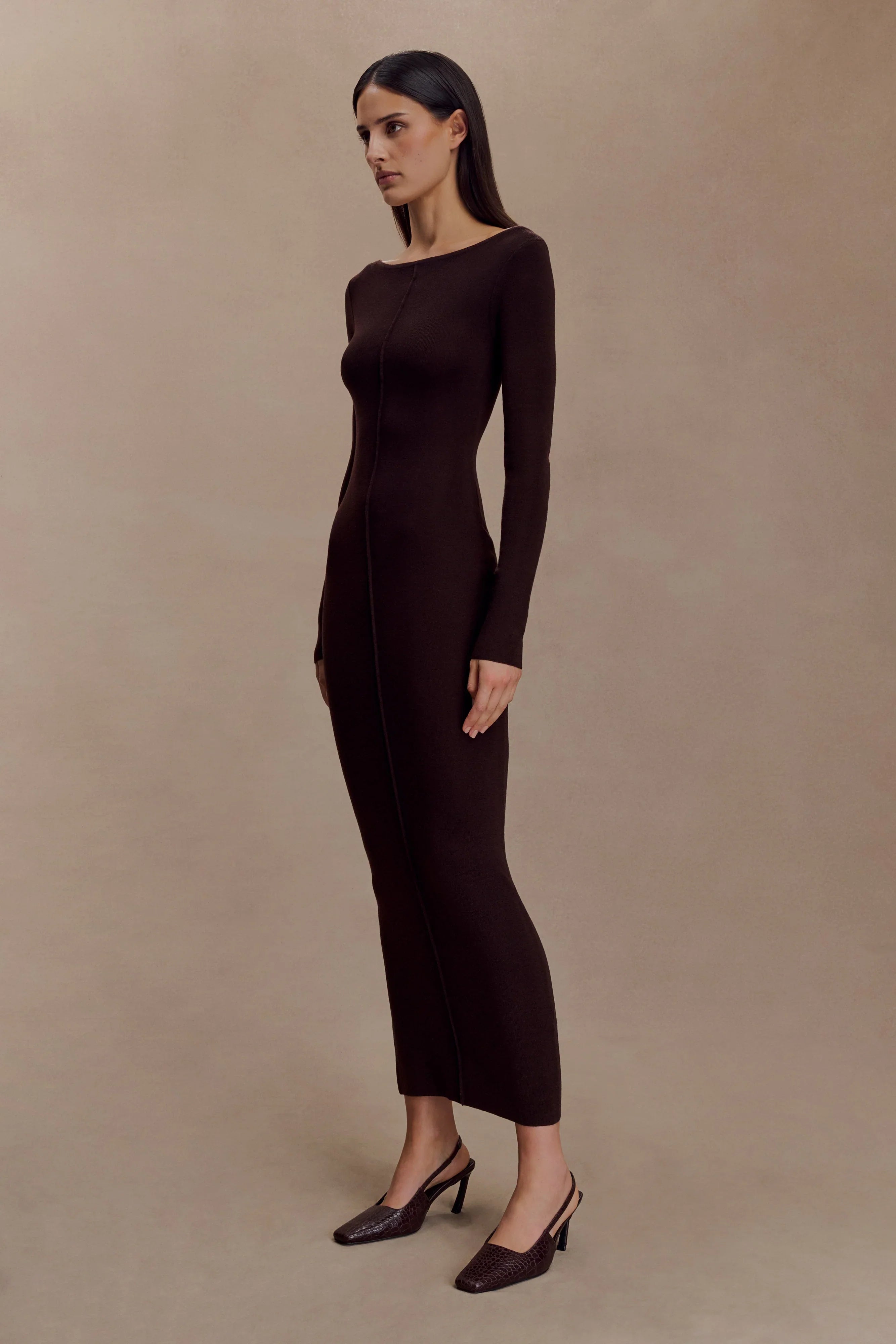 Cleona Merino Wool Ribbed Long Sleeve Maxi Dress Deep Chocolate