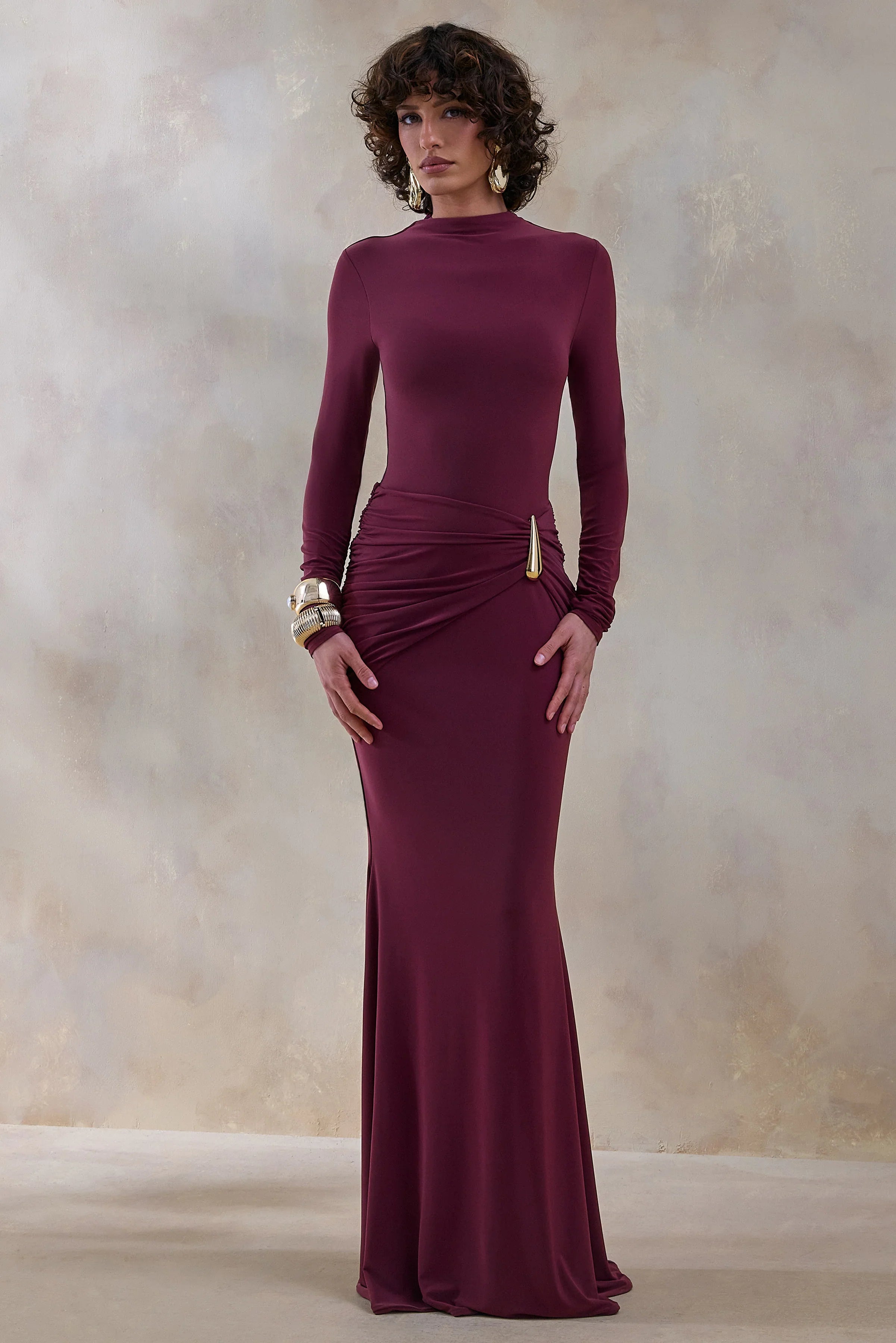 Solarium Burgundy Long Sleeve Maxi Dress With Gold Detail