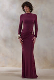 Solarium Burgundy Long Sleeve Maxi Dress With Gold Detail