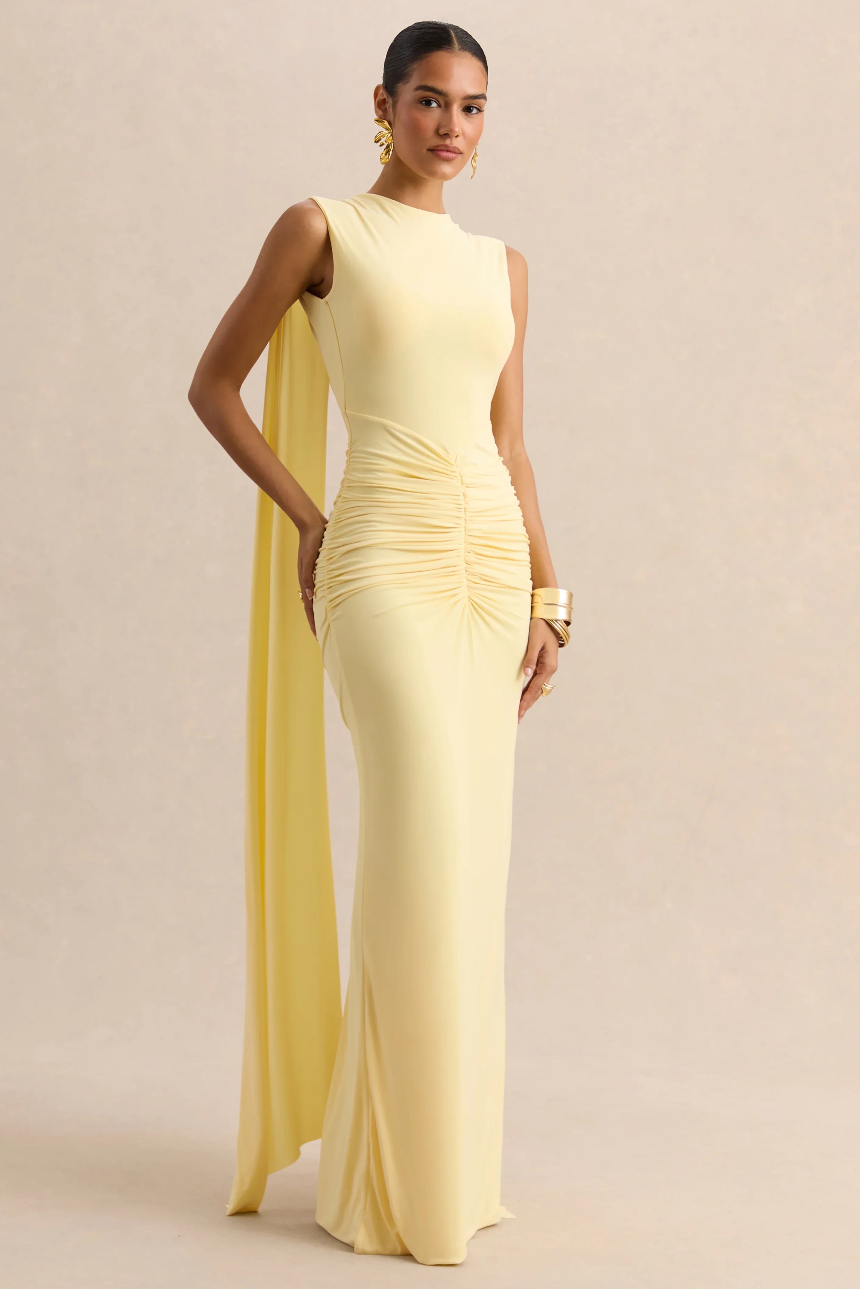 Premiere Lemon Boat Neck Maxi Dress With Cape Sleeves And Open Back