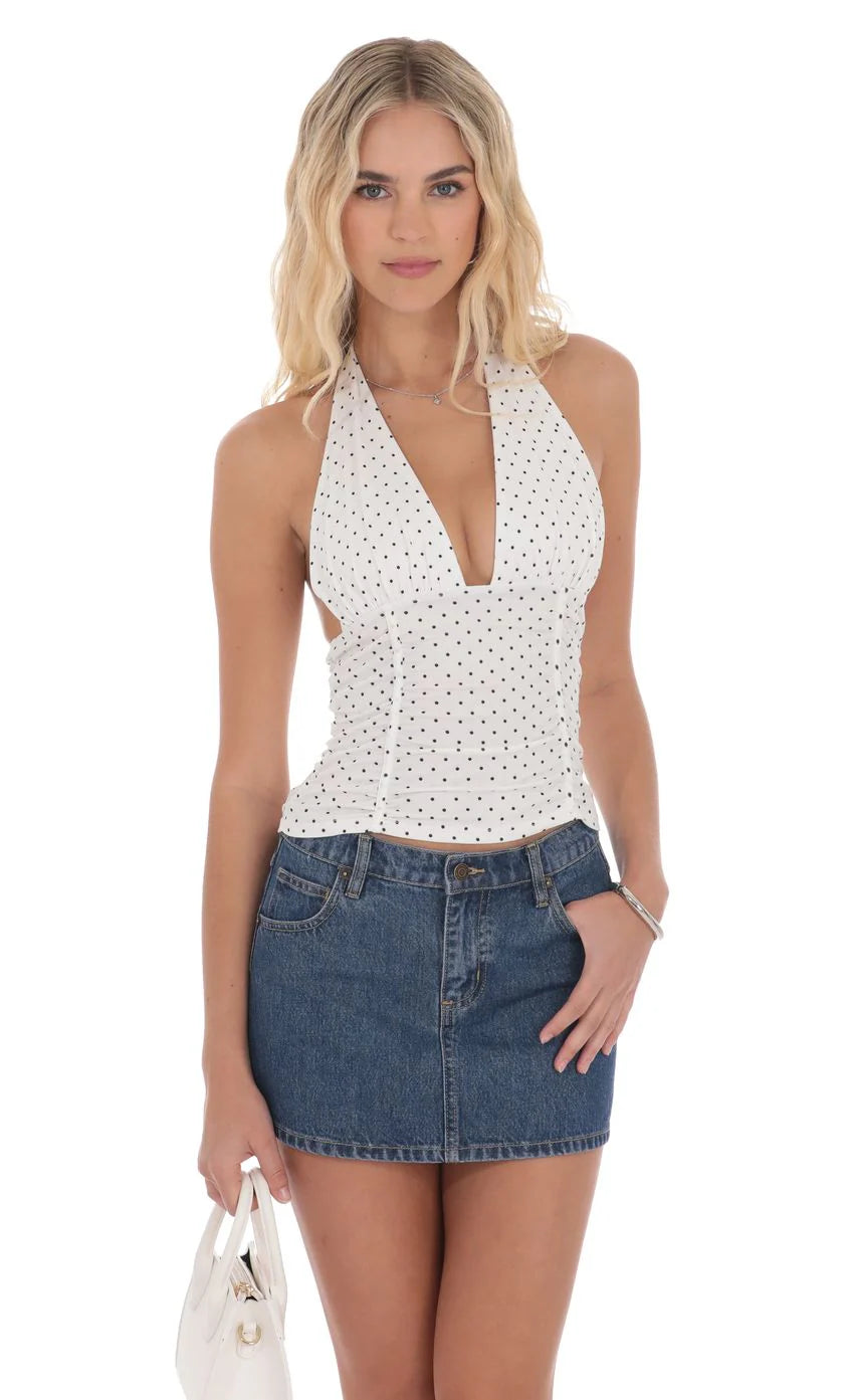 Polka Dot Ruched Halter Top in White