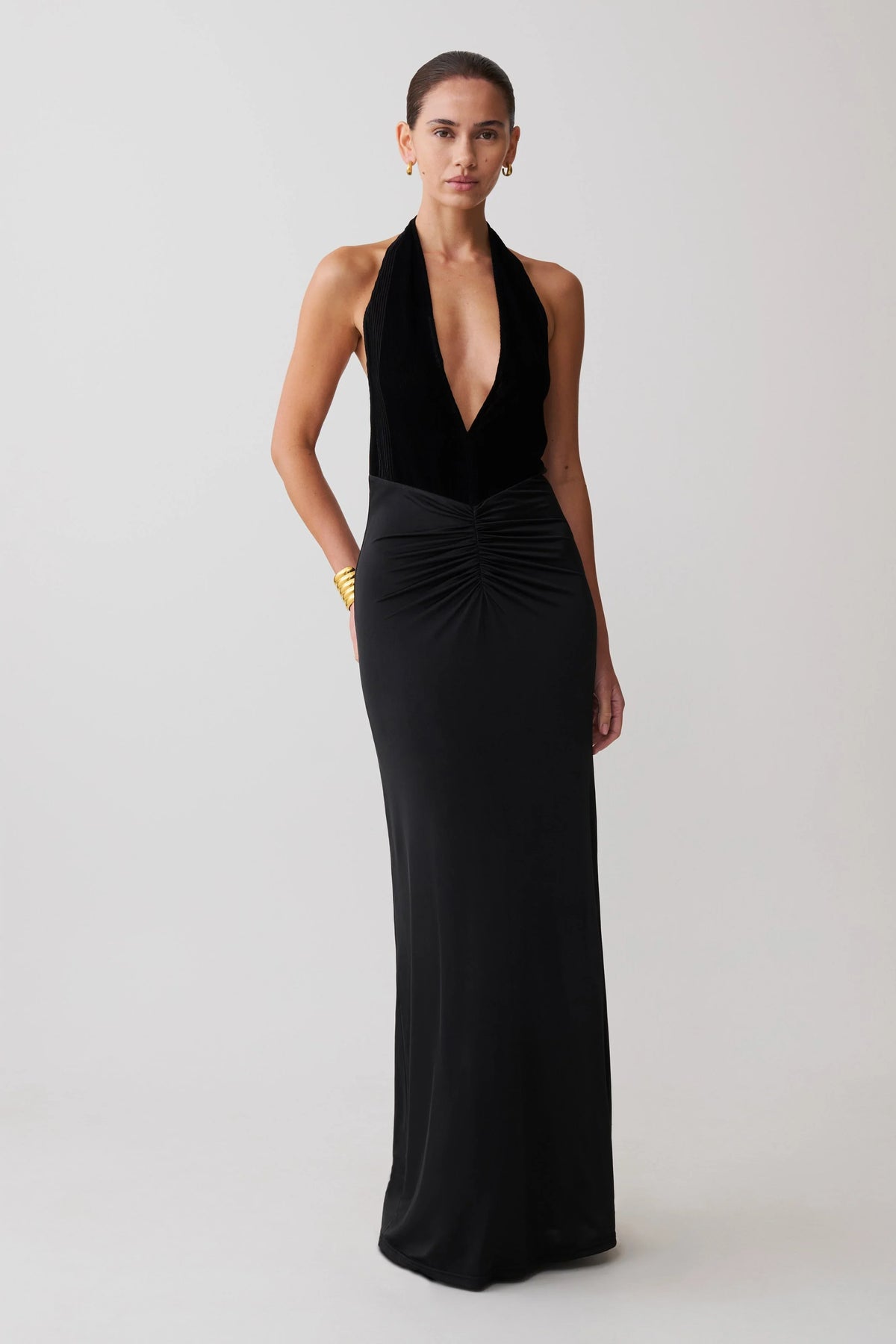 Lien Mesh Velvet Plunge Midi Dress Black