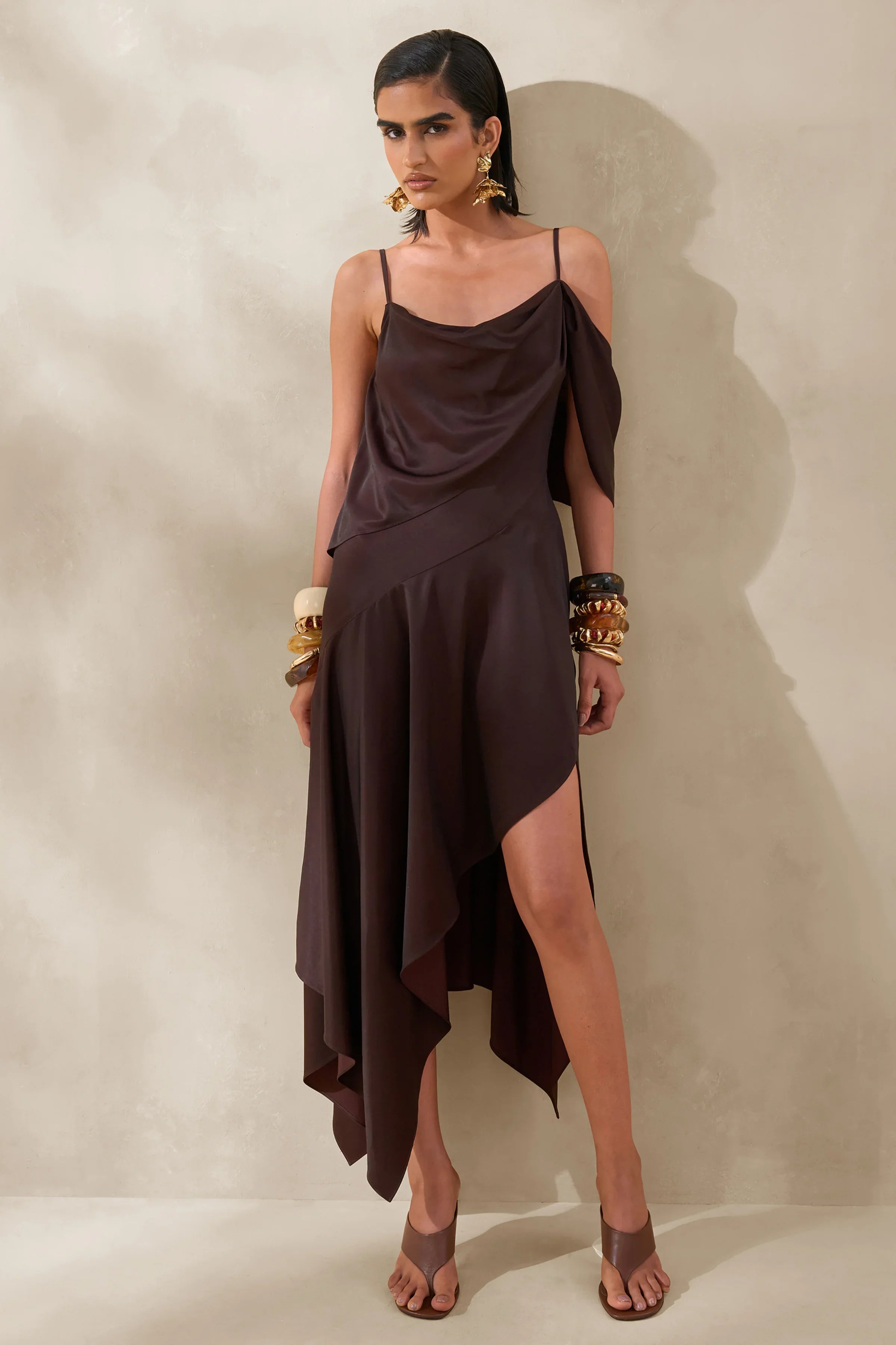 Helira Brown Asymmetric Midi Dress With Draping Detailing and Open Back