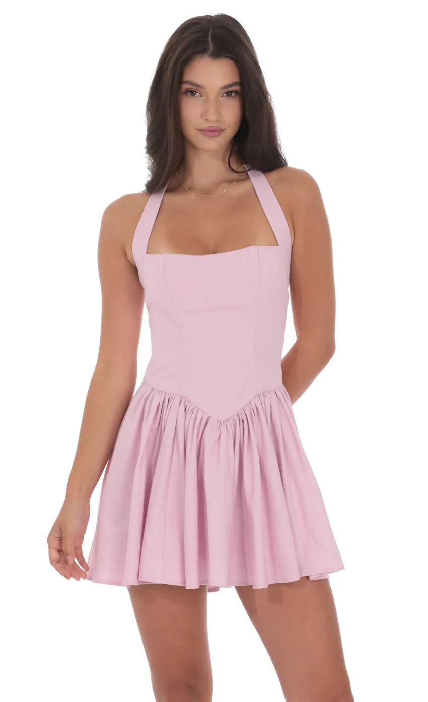 Pinstripe Halter A line Dress in Pink