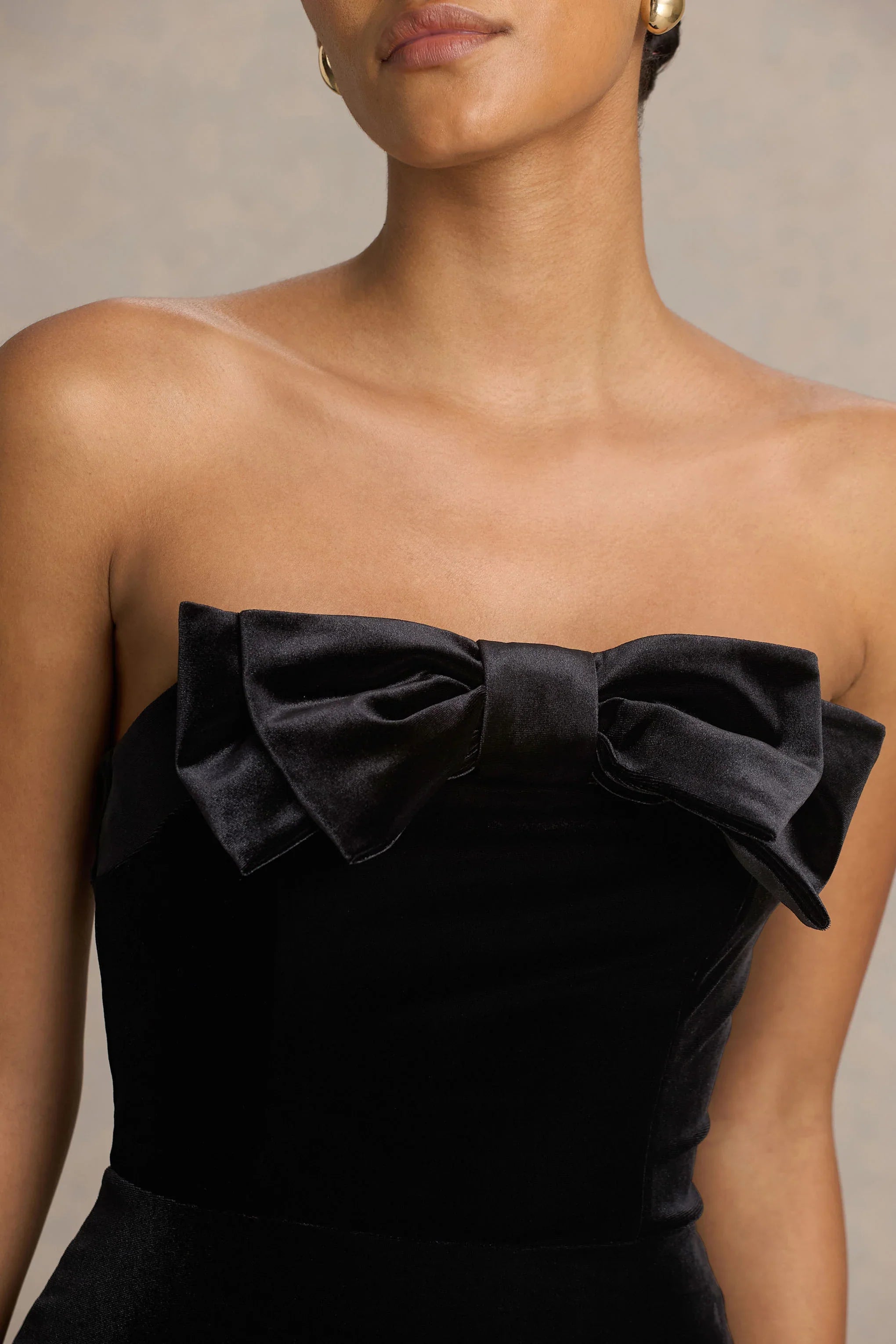 Illusion Black Velvet Bandeau Maxi Dress With Bow Detail