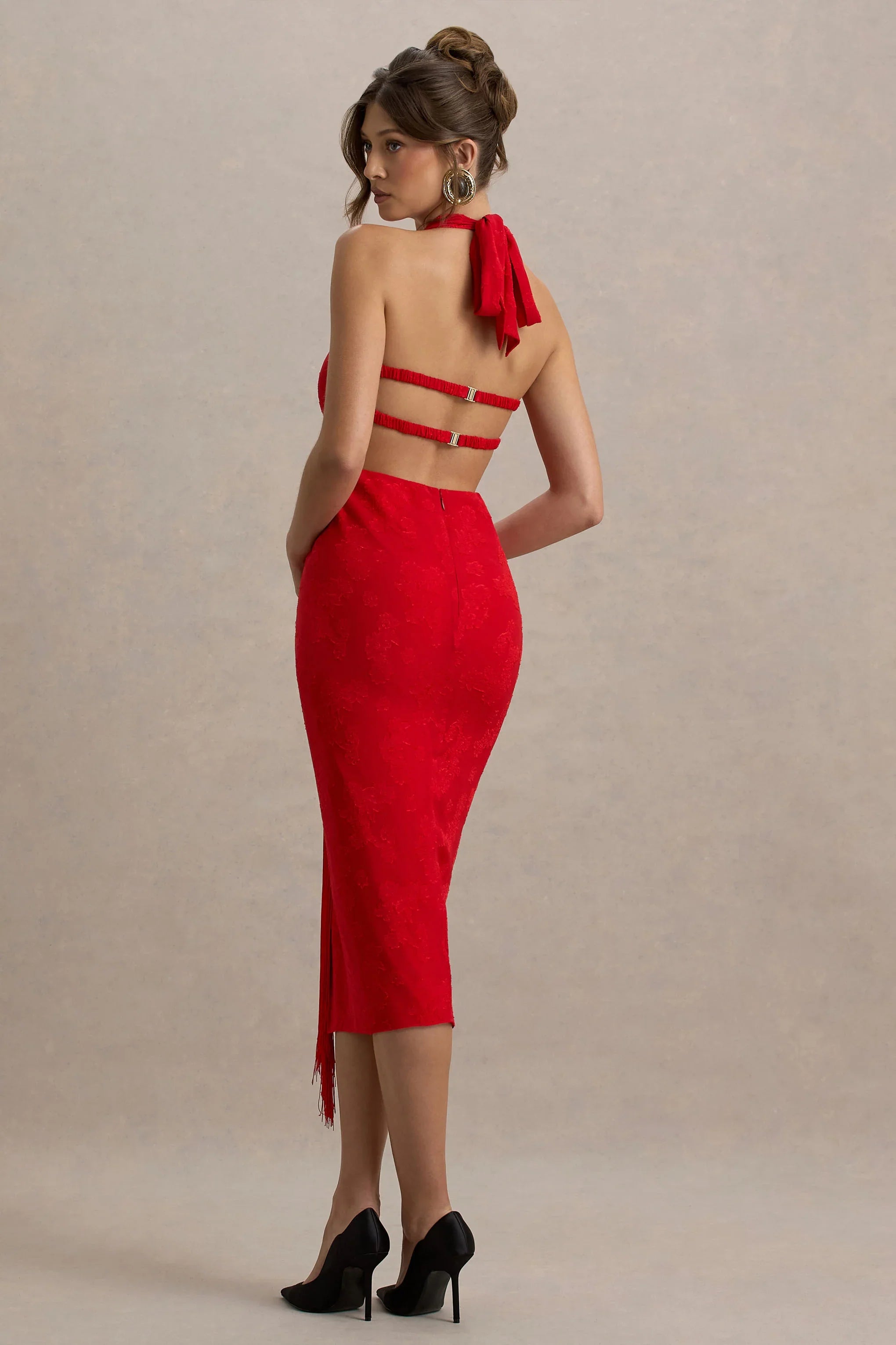 Auria Red Satin Devore Plunge Neck Midi Dress With Fringe Details