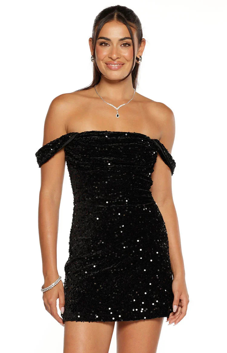Zoella Black Velvet Sequin Off The Shoulder Mini Dress
