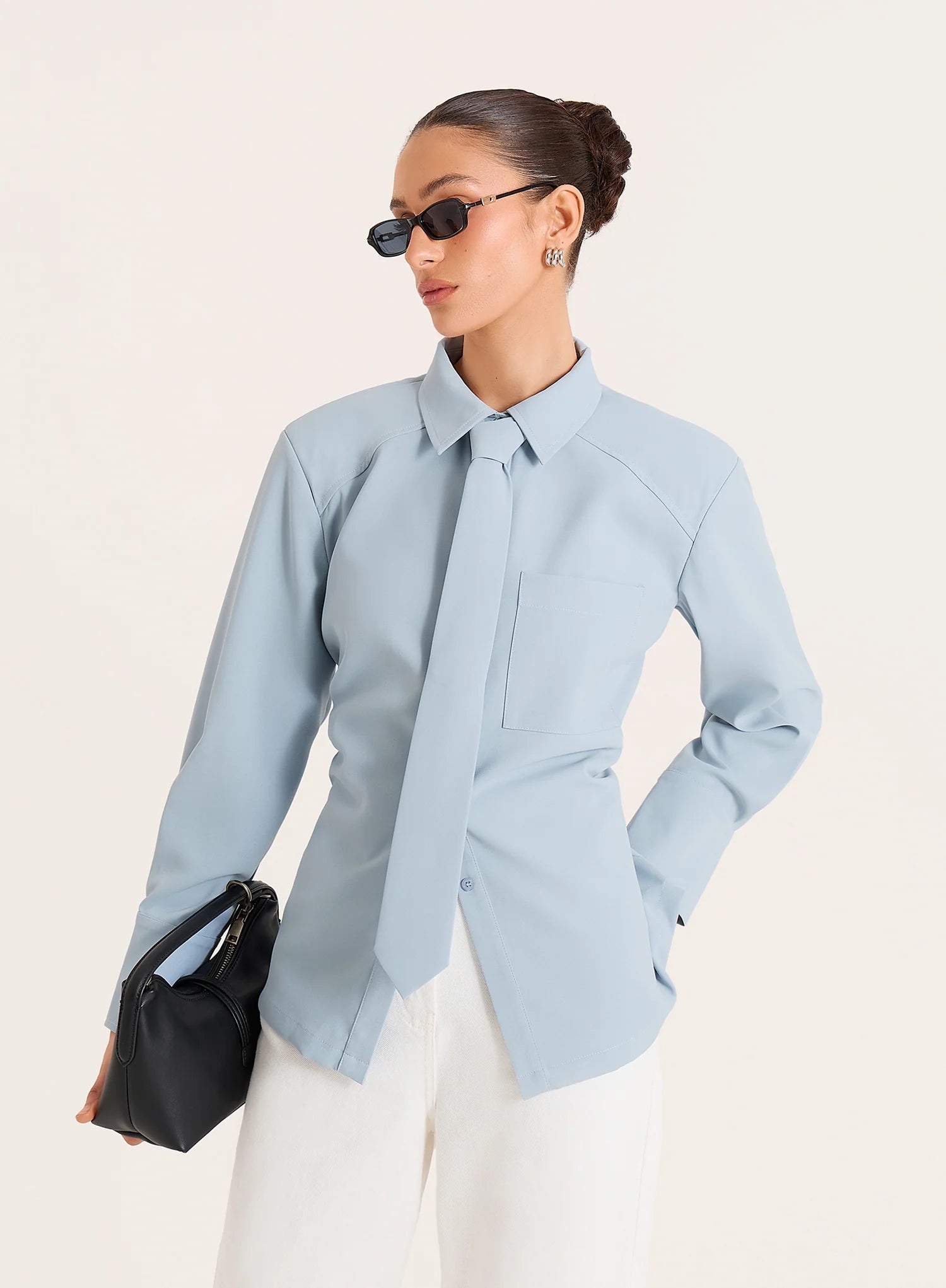 Blue Cinched Waist Tie Detail Shirt