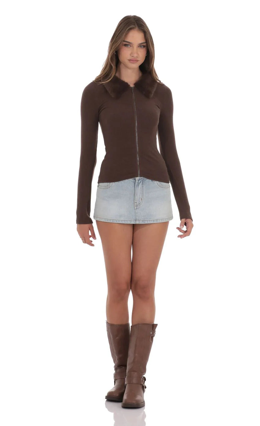 Fur Collar Zip Up Cardigan in Brown